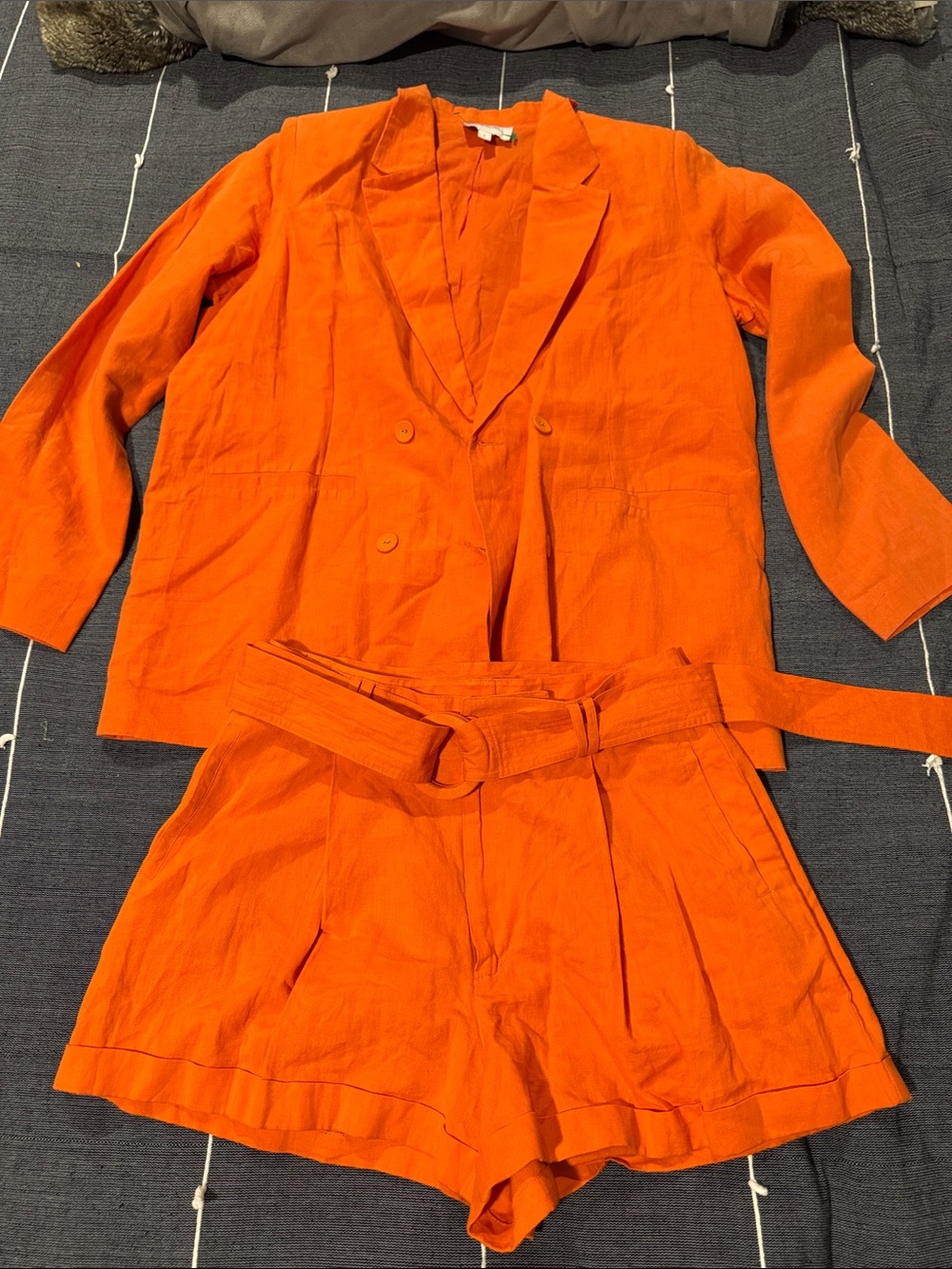 Cleobella Bright Orange Linen Blazer & High-Waist Belted Shorts Set